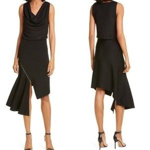 Alice + Olivia Hollis Knit Cowl-Neck Asymmetric Cascade Dress Black NWT S